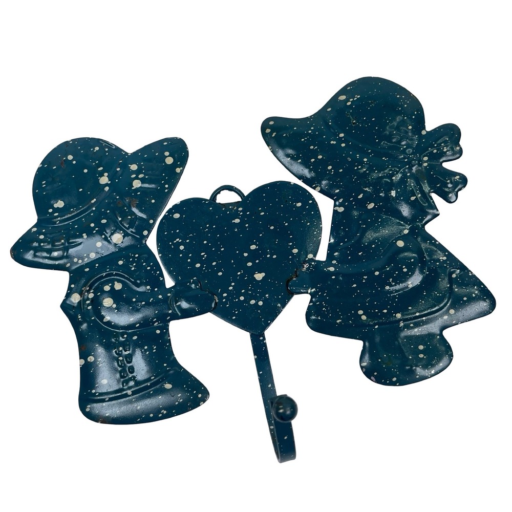 Vintage Sunbonnet Sue Metal Wall Hook Blue Speckled Heart Country Cottage 80s
